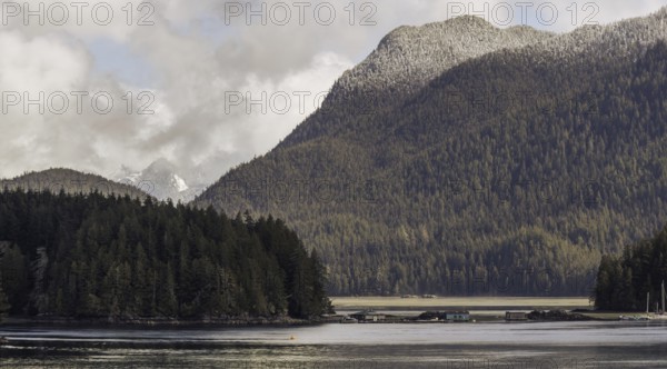 A panoramic view of mountains and forest surrounding a tranquil lake under an overcast sky in Tofino, British Columbia, Canada