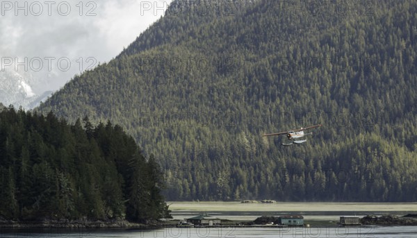 A seaplane flies over a tranquil lake surrounded by dense forest and mountains under an overcast sky in Tofino, British Columbia, Canada