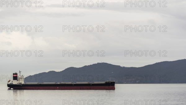 A solitary cargo ship sails by a mountainous backdrop under cloudy skies in Vancouver, British Columbia, Canada