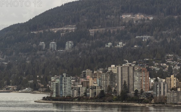 Urban high-rise buildings set against a backdrop of forest and mountains on an overcast day in Vancouver, British Columbia, Canada