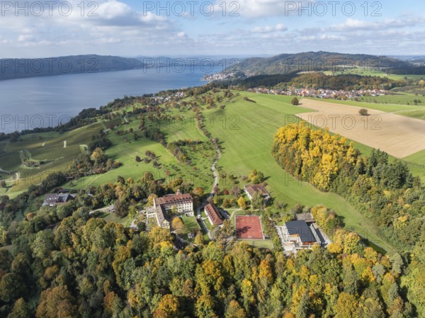 Aerial view of Lake Constance, Überlinger See, surrounded by autumnal vegetation with Spetzgart Castle, Salem International College, Bodanrück on the left horizon, Sipplinger Berg, Bodenseekreis, Baden-Württemberg, Germany