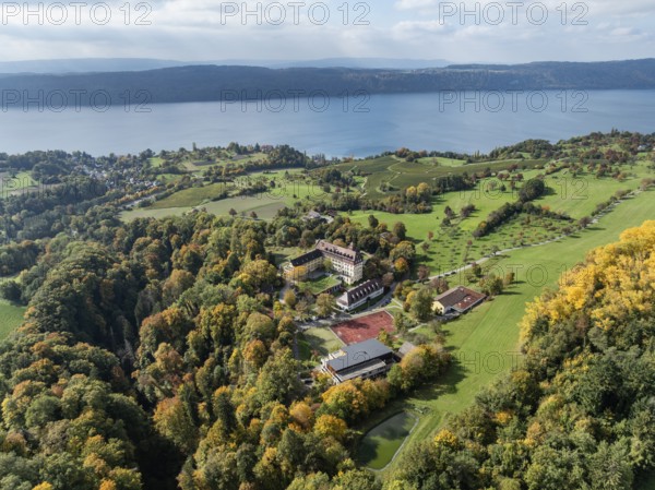 Aerial view, panorama of Lake Constance, Überlinger See, surrounded by autumn vegetation with Spetzgart Castle, Salem International College, Bodanrück on the horizon, Lake Constance District, Baden-Württemberg, Germany