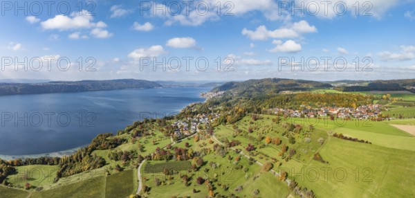 Aerial view, panorama of Lake Constance, Überlinger See, surrounded by autumn vegetation with the village of Hödingen, on the horizon the Bodenseegemeinde Sipplingen, Bodenseekreis, Baden-Württemberg, Germany