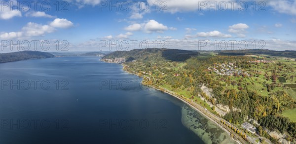 Aerial view, panorama of Lake Constance, Überlinger See, surrounded by autumn vegetation with the village of Hödingen, near Überlingen, on the horizon the Bodenseegemeinde Sipplingen, Bodenseekreis, Baden-Württemberg, Germany