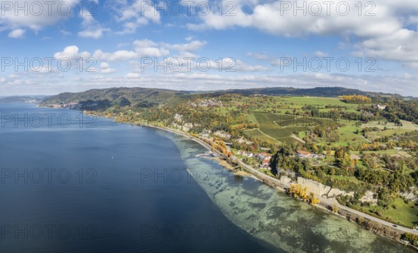 Aerial view, panorama of Lake Constance, Überlinger See, surrounded by autumn vegetation with the village of Hödingen, on the left on the horizon the Bodenseegemeinde Sipplingen, Bodenseekreis, Baden-Württemberg, Germany