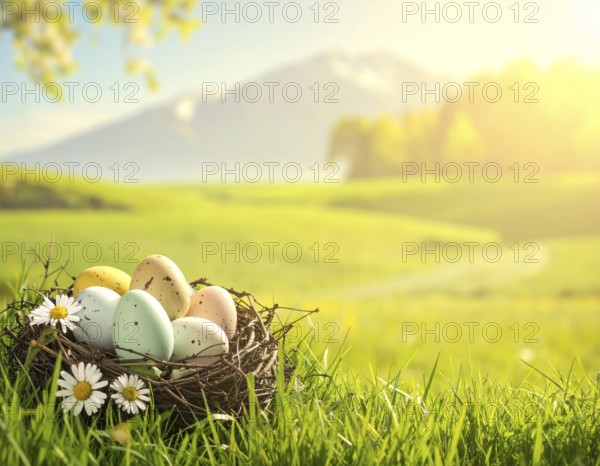 Nest with easter eggs in a basket on grass, sunny spring day, fresh beautiful landscape at daylight, soft focus for calm scenery, festive Easter decoration, wallpaper illustration banner, panorama, background, AI generated