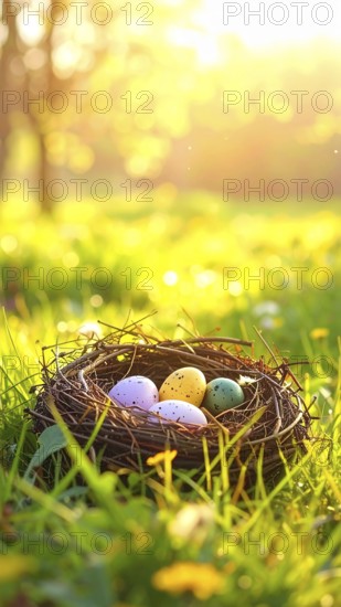 Nest with easter eggs in a basket on grass, sunny spring day, fresh beautiful landscape at daylight, soft focus for calm scenery, festive Easter decoration, wallpaper illustration banner, panorama, background, AI generated