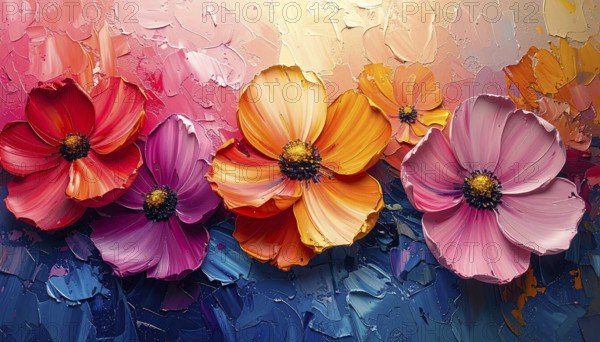 Closeup of abstract rough colorful multicolored organic floral spring flowers art painting texture, with oil acrylic brushstroke, pallet knife paint on canvas wallpaper, AI generated