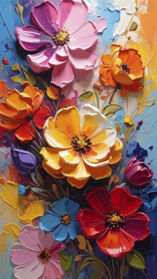 Closeup of abstract rough colorful multicolored organic floral spring flowers art painting texture, with oil acrylic brushstroke, pallet knife paint on canvas wallpaper, AI generated