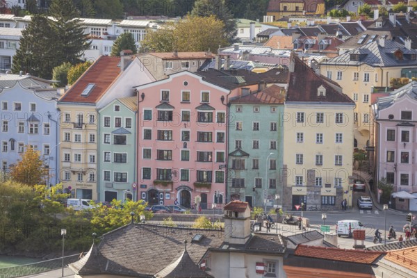 Colourful row of houses in Mariahilfstraße on the Inn River, Old Town, Innsbruck, Tyrol, Austria