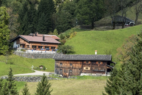 View of historic mountain farming village Gerstruben, Oberstdorf, Allgäu Alps, Oberallgäu, Allgäu, Bavaria, Germany