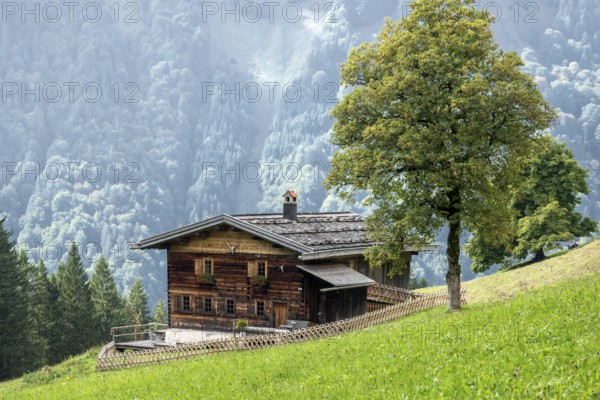 Old farmhouse in the historic mountain farming village of Gerstruben, Dietersbachtal, near Oberstdorf, Allgäu Alps, Oberallgäu, Allgäu, Bavaria, Germany