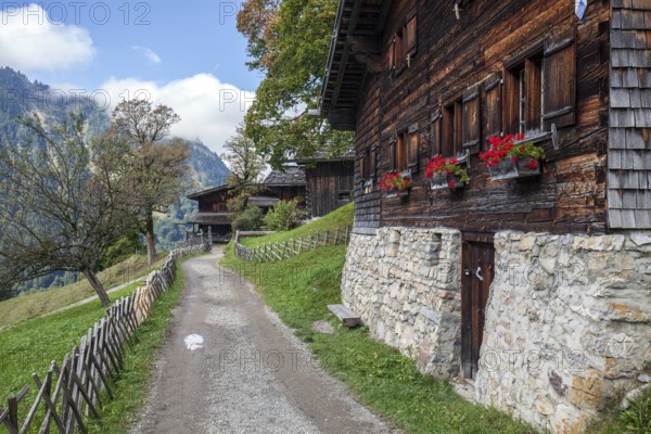 Old farmhouses in the historic mountain farming village of Gerstruben, Dietersbachtal, near Oberstdorf, Allgäu Alps, Oberallgäu, Allgäu, Bavaria, Germany