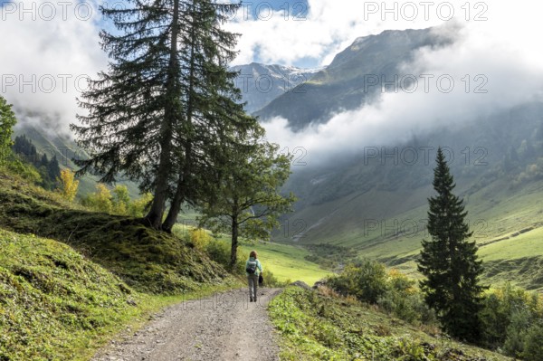 Female hiker on hiking trail in the Dietersbach Valley from Gerstruben to Alpe Dietersbach, Nebelschwanden hang in the valley, Oberstdorf, Allgäu Alps, Oberallgäu, Bavaria, Germany