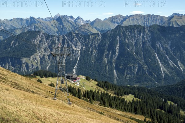 View from the Fellhorn cable car of the Allgäu Alps, Mitte Station Schlappoldsee, Oberstdorf, Oberallgäu, Allgäu, Bavaria, Germany