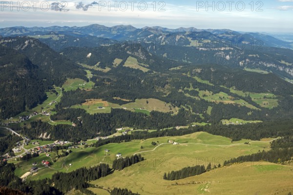 View of Riezlern and Kleinwalsertal from the Fellhorn, back mountains of the Allgäu Alps, Oberstdorf, Oberallgäu, Allgäu, Bavaria, Germany
