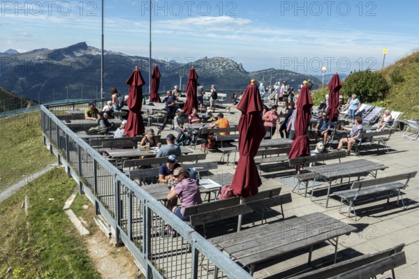 Terrace of the Fellhornbahn summit station restaurant, back mountains of the Allgäu Alps, Hoher Ifen, Oberstdorf, Oberallgäu, Allgäu, Bavaria, Germany