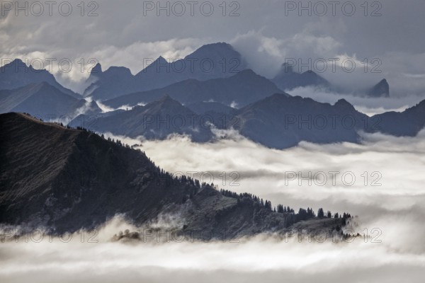 View from the Nebelhorn summit to mountains of the Allgäu Alps, mountains rising from fog in the valley, Oberstdorf, Oberallgäu, Allgäu, Bavaria, Germany