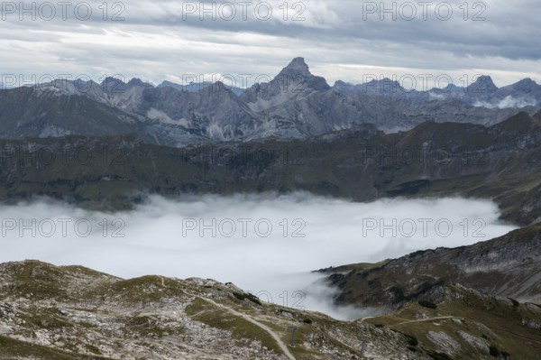 View from the Nebelhorn summit to mountains of the Allgäu Alps, mountains rise from fog in the valley, in the back peaks of the Hochvogel, Oberstdorf, Oberallgäu, Allgäu, Bavaria, Germany