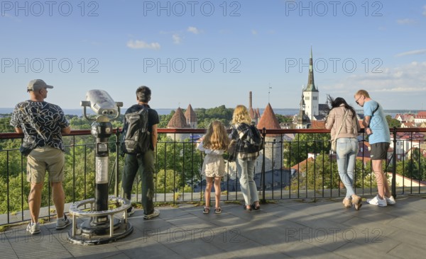 Tourists, Patkuli observation deck, city panorama, view of the old town, Tallinn, Estonia