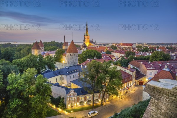 Evening city panorama, city towers, city walls, St. Olaf's Church in the back, view of the old town, Tallinn, Estonia