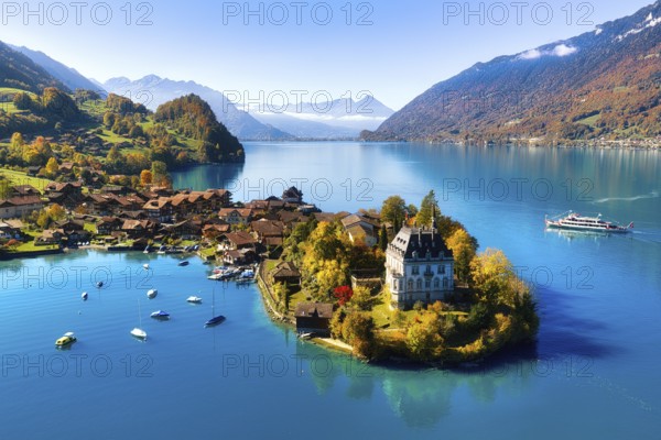 Aerial view of the village of Iseltwald on Lake Brienz in autumn, view of Seeburg Castle and course ship, Canton of Bern, Switzerland