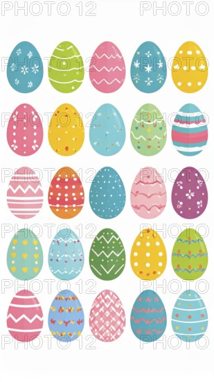 Set of easter eggs flat design on white background, abstract vector wallpaper illustration, banner for springtime, AI generated