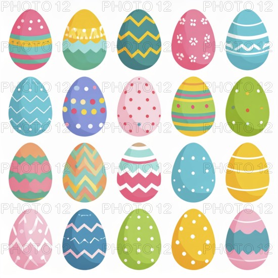 Set of easter eggs flat design on white background, abstract vector wallpaper illustration, banner for springtime, AI generated