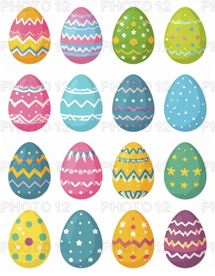 Set of easter eggs flat design on white background, abstract vector wallpaper illustration, banner for springtime, AI generated