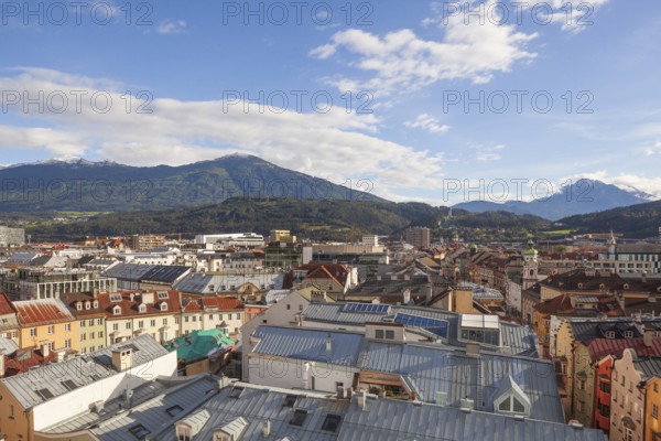 City overview with mountains Patscherkofel and Serles, old town, Innsbruck, Tyrol, Austria
