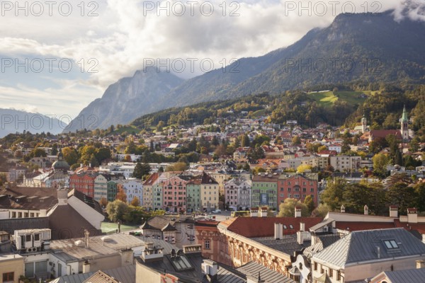 City overview and mountains of the Karwendel North Range, Old Town, Innsbruck, Tyrol, Austria