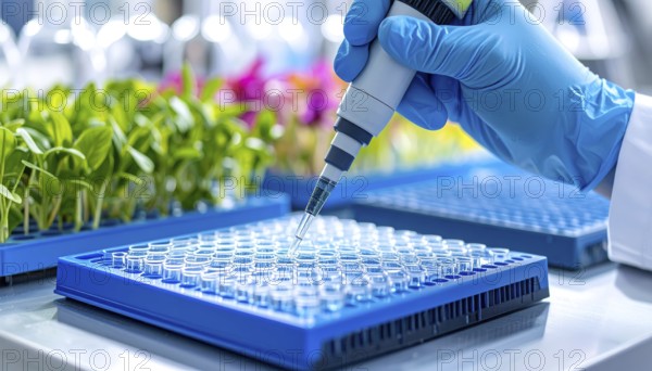 Pipetting beside trays of young plants, merging laboratory precision with agriculture, Pipette dispensing a liquid onto a multi-well plate in a clean laboratory, close up of medical equipment with blurred laboratory background, science, technology and health concept, AI generated