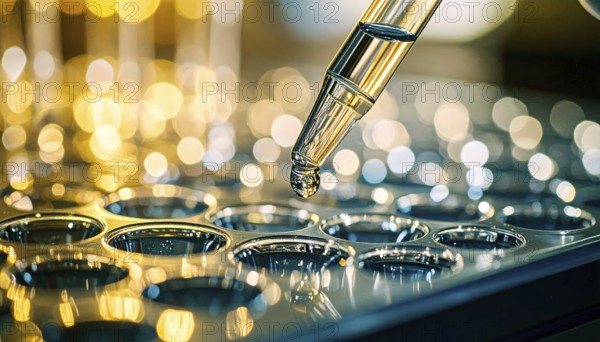Sparkling bokeh surrounds a pipette droplet above reflective wells, Pipette dispensing a liquid onto a multi-well plate in a clean laboratory, close up of medical equipment with blurred laboratory background, science, technology and health concept, AI generated