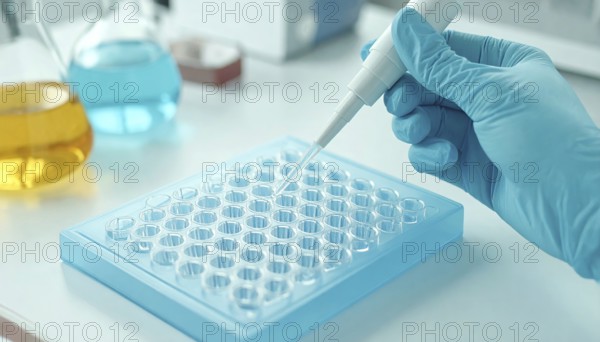 Pipette targets a blue microplate on a bright, tidy bench with colored flasks, Pipette dispensing a liquid onto a multi-well plate in a clean laboratory, close up of medical equipment with blurred laboratory background, science, technology and health concept, AI generated