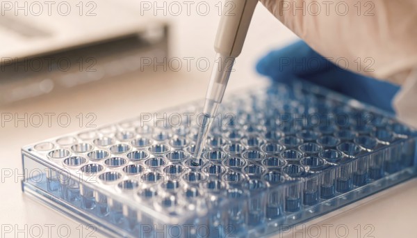 A technician loads a clear blue-tinted microplate with careful precision, Pipette dispensing a liquid onto a multi-well plate in a clean laboratory, close up of medical equipment with blurred laboratory background, science, technology and health concept, AI generated