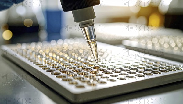 A droplet hovers above a dense array of wells, shimmering under warm lab highlights, Pipette dispensing a liquid onto a multi-well plate in a clean laboratory, close up of medical equipment with blurred laboratory background, science, technology and health concept, AI generated