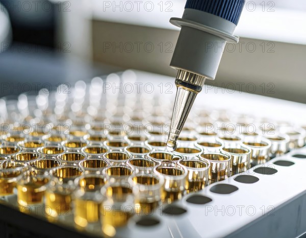 Pipette dispenses into a golden-toned microplate in bright, clean lab light, Pipette dispensing a liquid onto a multi-well plate in a clean laboratory, close up of medical equipment with blurred laboratory background, science, technology and health concept, AI generated