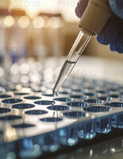 Clear reagent droplet nears blue-filled wells in warm laboratory light, controlled and calm, Pipette dispensing a liquid onto a multi-well plate in a clean laboratory, close up of medical equipment with blurred laboratory background, science, technology and health concept, AI generated