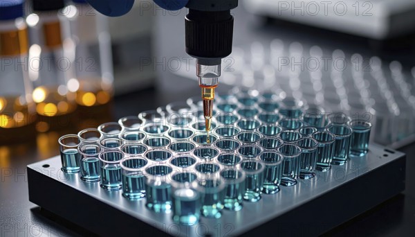 Automated pipette delivers reagent into a teal-filled 96-well plate, focused high-tech lab scene, Pipette dispensing a liquid onto a multi-well plate in a clean laboratory, close up of medical equipment with blurred laboratory background, science, technology and health concept, AI generated