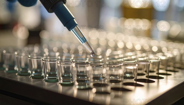 Single droplet hangs over a row of wells in warm, late-day lab light, Pipette dispensing a liquid onto a multi-well plate in a clean laboratory, close up of medical equipment with blurred laboratory background, science, technology and health concept, AI generated