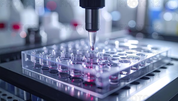 Dark red drop approaches clear wells amid cool, precise laboratory ambience, Pipette dispensing a liquid onto a multi-well plate in a clean laboratory, close up of medical equipment with blurred laboratory background, science, technology and health concept, AI generated