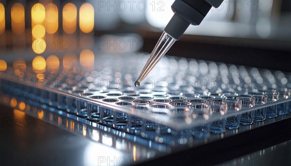 A precision droplet from a pipette meets a microplate on a lab bench with moody light, Pipette dispensing a liquid onto a multi-well plate in a clean laboratory, close up of medical equipment with blurred laboratory background, science, technology and health concept, AI generated
