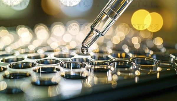 A gleaming droplet at a pipette tip above reflective microplate wells with golden bokeh, Pipette dispensing a liquid onto a multi-well plate in a clean laboratory, close up of medical equipment with blurred laboratory background, science, technology and health concept, AI generated