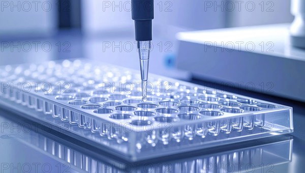 A pipette aligns over a clear 96-well plate in a clean, cool-toned laboratory, Pipette dispensing a liquid onto a multi-well plate in a clean laboratory, close up of medical equipment with blurred laboratory background, science, technology and health concept, AI generated