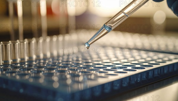 A glass pipette poised above a blue microplate amid warm, glowing lab bokeh, Pipette dispensing a liquid onto a multi-well plate in a clean laboratory, close up of medical equipment with blurred laboratory background, science, technology and health concept, AI generated