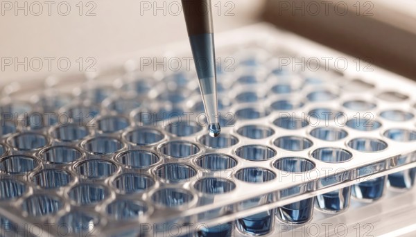 A droplet falls from a pipette into a blue-filled 96-well plate under warm lab light, Pipette dispensing a liquid onto a multi-well plate in a clean laboratory, close up of medical equipment with blurred laboratory background, science, technology and health concept, AI generated