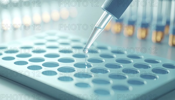 Droplet from pipette poised over teal microplate in a clean lab, Pipette dispensing a liquid onto a multi-well plate in a clean laboratory, close up of medical equipment with blurred laboratory background, science, technology and health concept, AI generated
