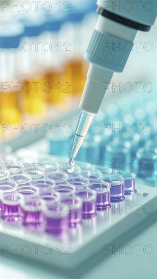 Micropipette dispenses reagent into a multicolored 96-well plate in a sterile lab, Pipette dispensing a liquid onto a multi-well plate in a clean laboratory, close up of medical equipment with blurred laboratory background, science, technology and health concept, AI generated
