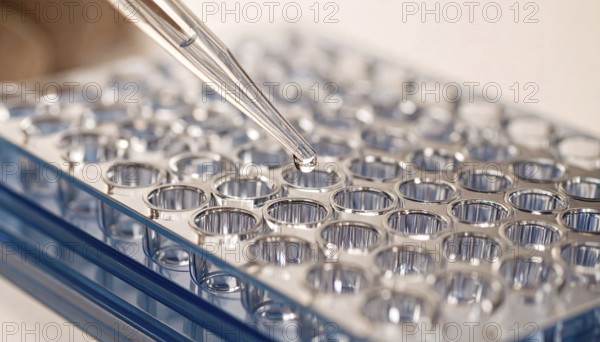 Crystal droplet suspended over reflective microplate wells in soft warm light, Pipette dispensing a liquid onto a multi-well plate in a clean laboratory, close up of medical equipment with blurred laboratory background, science, technology and health concept, AI generated