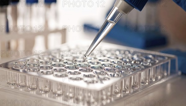Pipette tip hovers over a clear microplate in a calm, focused lab setting, Pipette dispensing a liquid onto a multi-well plate in a clean laboratory, close up of medical equipment with blurred laboratory background, science, technology and health concept, AI generated